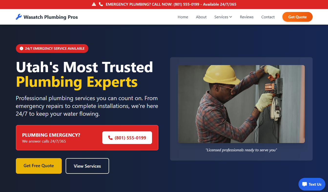Screenshot of Wasatch Plumbing Pros website showing professional homepage with hero section, emergency contact, and service information